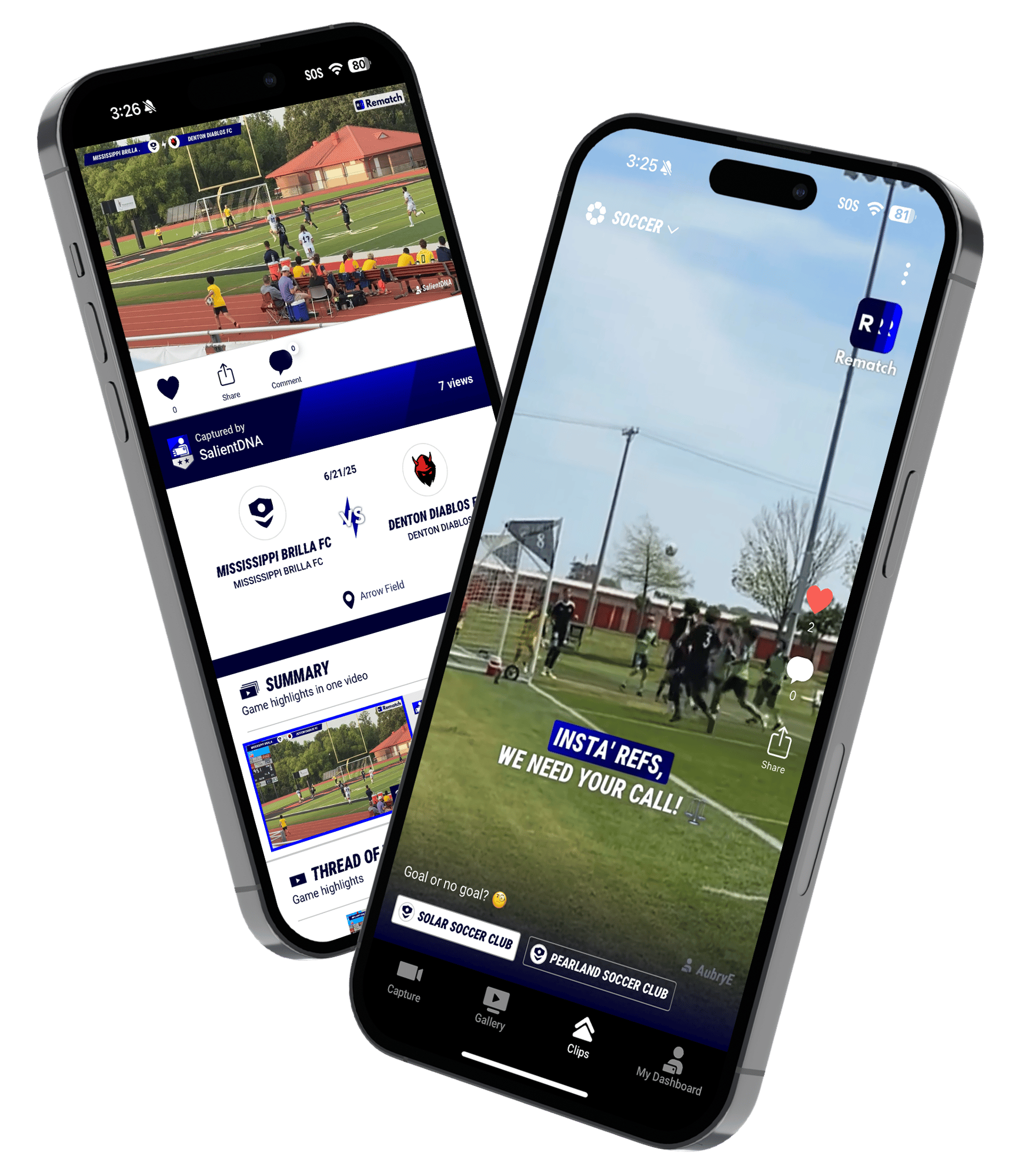 Two iPhones showing the Rematch sports highlights app with youth soccer game clips and team match details